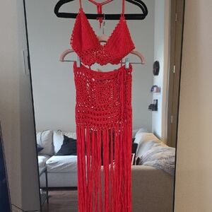 MICAS Burnt Orange Crochet 2 Piece Swimsuit Cover Size S